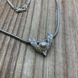 Roman Faux Pearl Rhinestone Silver Tone Necklace